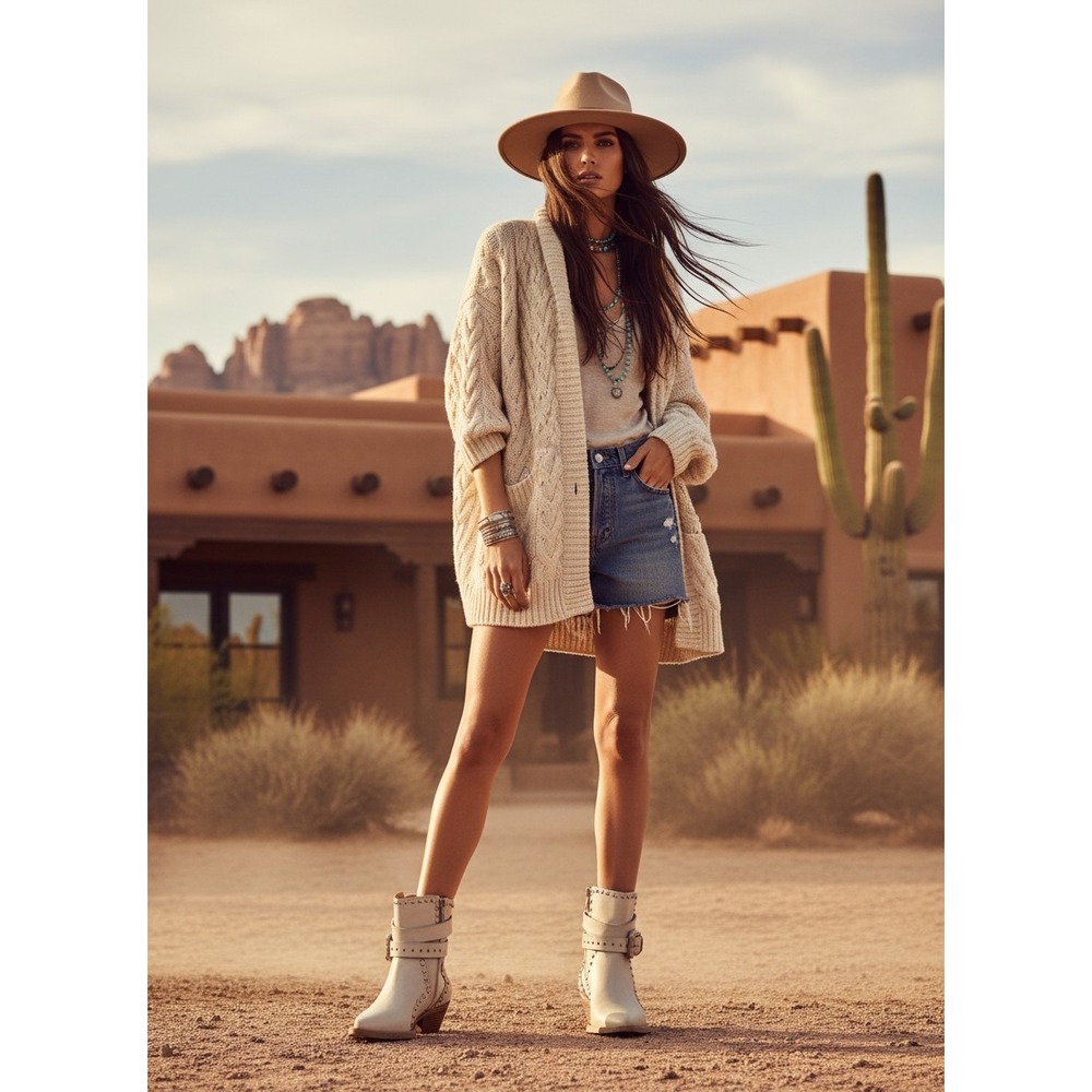 Free People Billy Western Bootie Womens 7 EU 37.5 Ivory Studded‎ Leather Zip